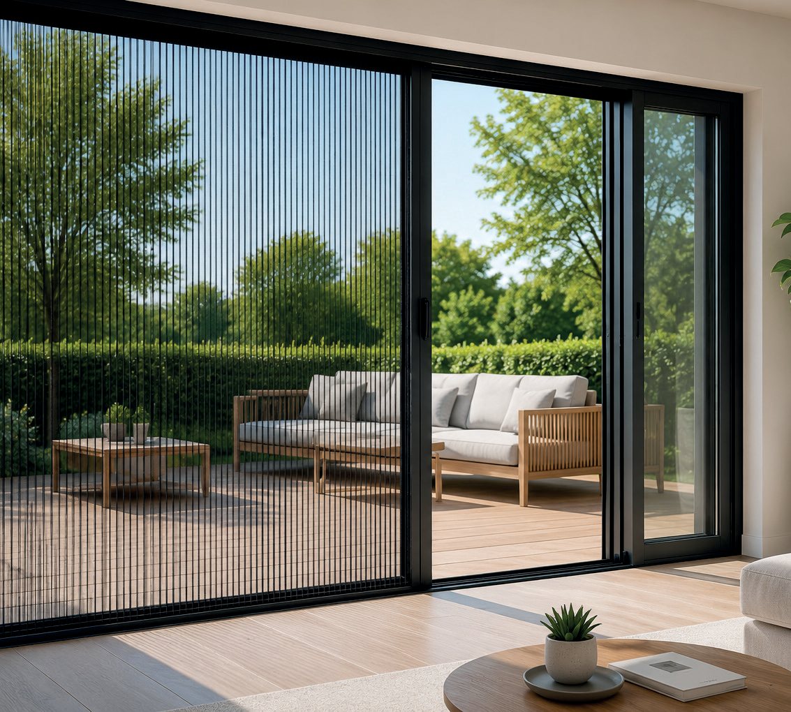Moustiquaire plissée HORIZON installée sur une grande baie vitrée ouverte sur une terrasse